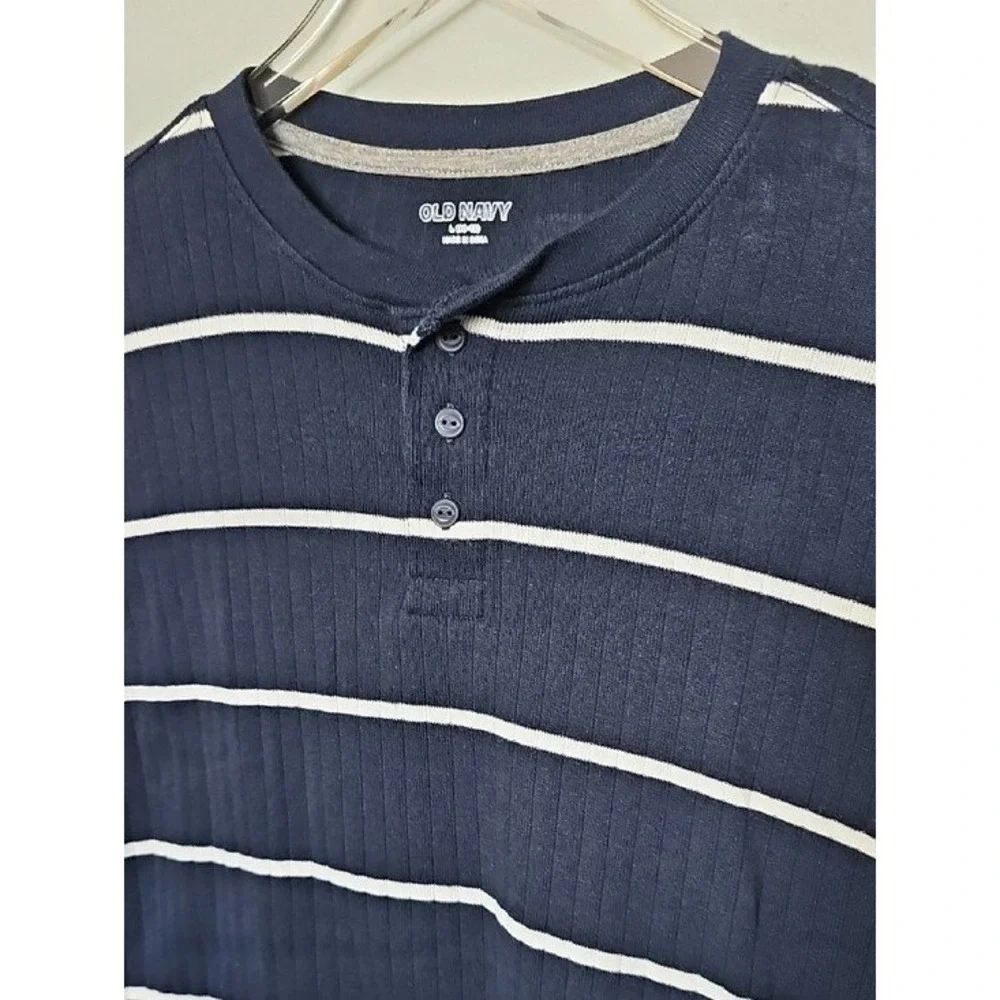 Old Navy Boys Large Striped Henley Shirt Navy Blue White Short Sleeve Ribbed
